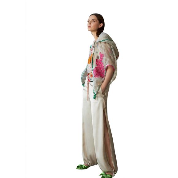 NEW TRICOT CHIC giubbetto grid sheer hood short sleeve jacket in beige - Picture 3 of 3